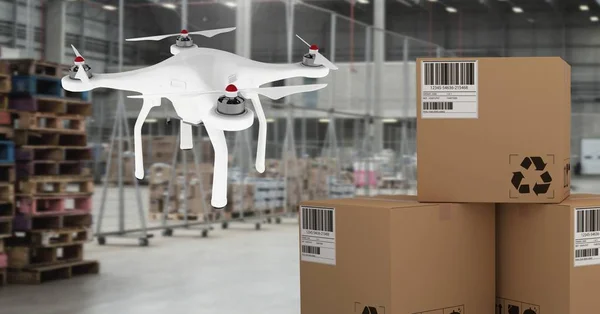 Digital composite of Drone flying in warehouse with delivery parcel boxes