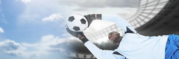 Cyfrowy Kompozytowy Piłka Nożna Bramkarz Zapisywanie Piłki Nożnej Przejścia — Zdjęcie stockowe