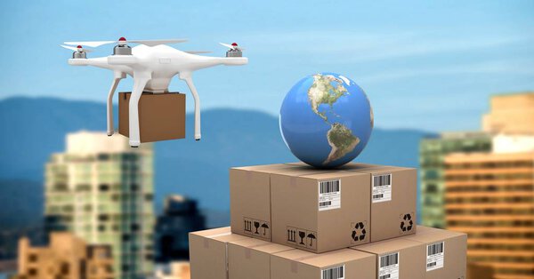 Digital composite of Drone flying by city with delivery parcel boxes and world globe