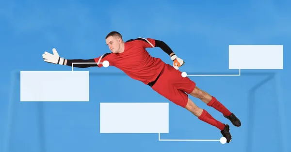空白のインフォ グラフィック パネルとサッカーのゴールキーパーのデジタル合成 — ストック写真
