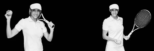 Cyfrowy Kompozytowy Szczęśliwy Tenisistka Czarnym Tle — Zdjęcie stockowe