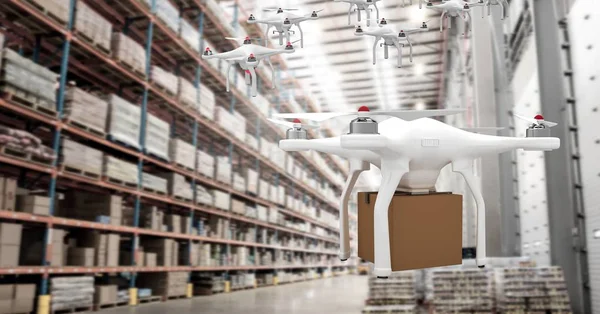 Digital composite of Drones flying in warehouse with delivery parcel box