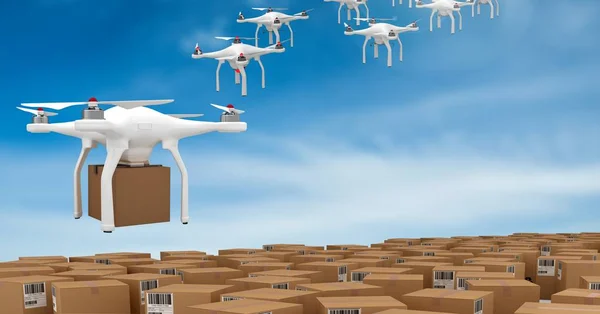 Composto Digital Drones Voando Pelo Céu Com Caixas Encomendas Entrega — Fotografia de Stock