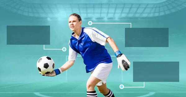 サッカー ボールと空白のインフォ グラフィック パネルやゴールキーパーのデジタル合成 — ストック写真