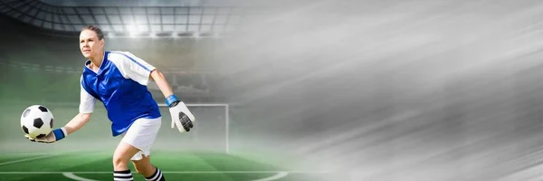 Digital Composite Soccer Goalkeeper Holding Football Goal Transition — Stock Photo, Image