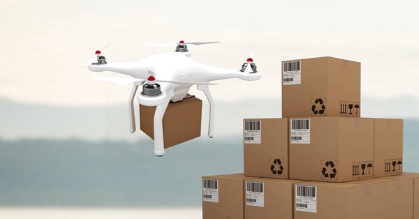 Digital composite of Drone flying by sky with delivery parcel boxes