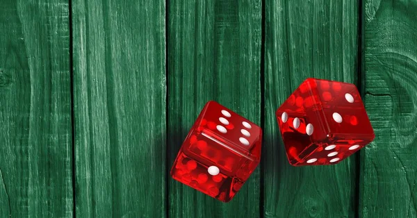 Digital Composite Red Dices Wooden Green Background — Stock Photo, Image