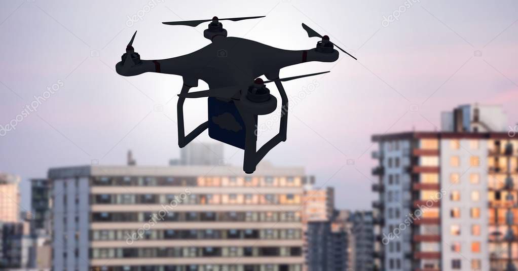 Digital composite of Drone flying over city