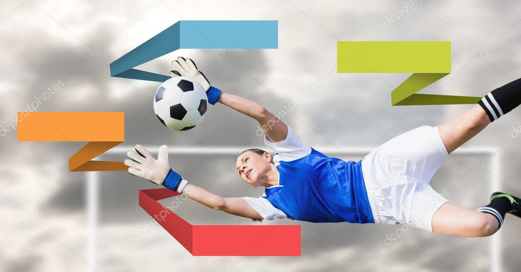 Digital composite of Blank infographic panels and soccer goalkeeper woman