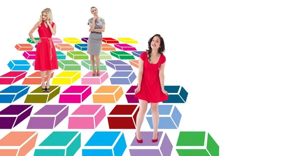 Composito Digitale Donne Che Camminano Modello Geometrico Colorato — Foto Stock