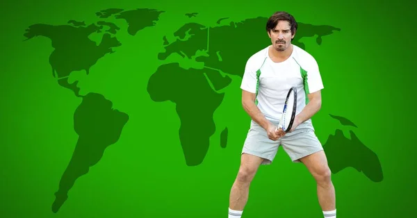 Cyfrowy Kompozytowy Tennis Player Człowieka Mapy Świata — Zdjęcie stockowe