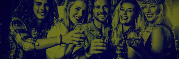 Retrato Jóvenes Amigos Brindando Bebidas Mientras Están Pie Junto Mostrador —  Fotos de Stock