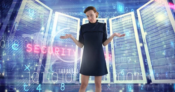 Composito Digitale Donna Con Server Informatici Interfaccia Informatica Tecnologica — Foto Stock