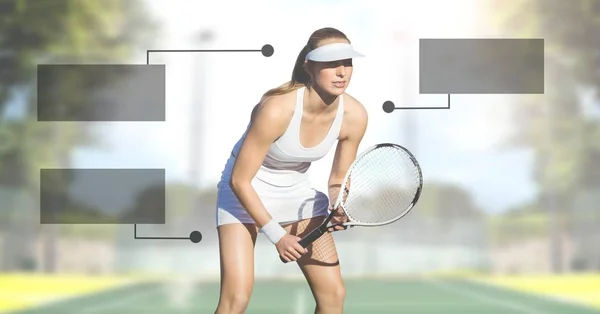 Composto Digital Mulher Jogador Tênis Com Painéis Gráfico Infográfico Branco — Fotografia de Stock