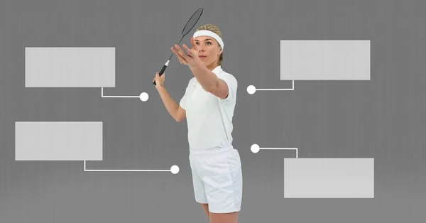 Digital Sammensetning Tennisspillerkvinne Med Blanke Infografiske Kartpaneler – stockfoto