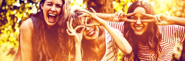 Porträtt Glada Vänner Tar Selfie Solig Dag — Stockfoto