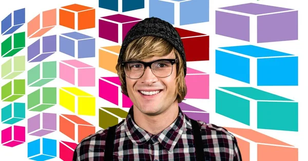 Digital Komposit Man Skrattar Med Färgglada Geometriska Mönster — Stockfoto