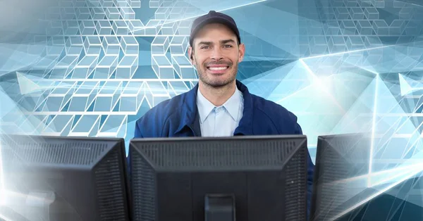 Composto Digital Homem Usando Computadores Com Transição Geométrica — Fotografia de Stock