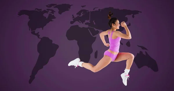 Digital Composite Athletic Exercise Woman Running World Map — Stock Photo, Image