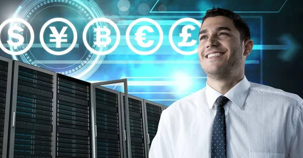 Composto Digital Man Com Servidores Computador Interface Informação Tecnologia Bitcoin — Fotografia de Stock