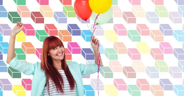 Compuesto Digital Mujer Feliz Sosteniendo Globos Con Patrón Geométrico Colorido —  Fotos de Stock