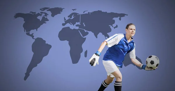 Digital composite of Goalkeeper woman with soccer ball with world map