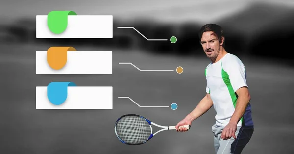 Compuesto Digital Jugador Tenis Hombre Con Paneles Gráficos Infografía Blanco — Foto de Stock