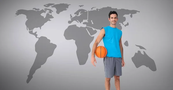 Compuesto Digital Baloncesto Hombre Con Mapa Del Mundo —  Fotos de Stock