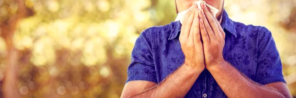 Handsome Hipster Blowing His Nose Sunny Day — Stock Photo, Image