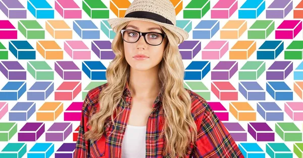 Digital Composite Woman Hat Colorful Geometric Pattern — Stock Photo, Image