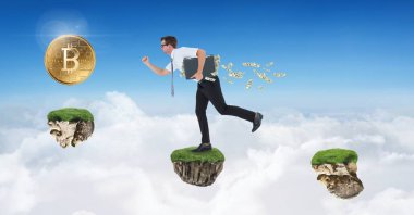 Gökyüzünde oyun platformları üzerinde atlama bitcoins toplama işadamı dijital bileşik