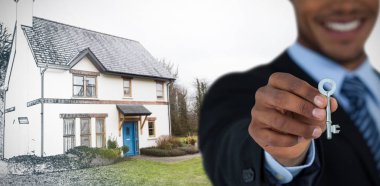 İşadamı gösteren yeni evin anahtarı karşı ev bölümünü Orta kroki