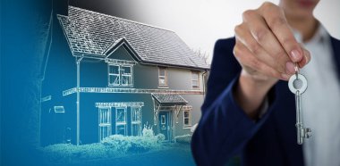 İş kadını gösteren evin anahtarı karşı ev bölümünü Orta kroki