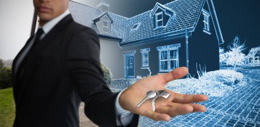 Kendine güvenen işadamı el ev kroki karşı beyaz arka plan karşı gösterilen