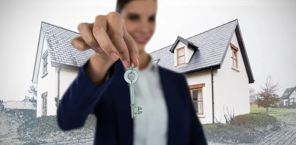 Smiling Businesswoman Showing New House Key Home Sketch — Stock Photo, Image