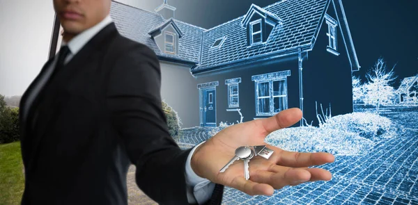 Kendine güvenen işadamı el ev kroki karşı beyaz arka plan karşı gösterilen