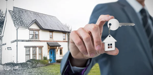 Buik Van Verfijnde Zakenman Die Aangeeft Tegen Huis Schets — Stockfoto