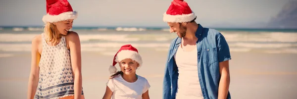 Onnellinen Perhe Yllään Santa Hattu Seisoessaan Rannalla Aurinkoisena Päivänä — kuvapankkivalokuva