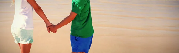 Porträt Von Geschwistern Die Sich Sonnigen Tagen Strand Den Händen — Stockfoto