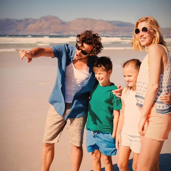 Hombre Señalando Con Familia Pie Playa Durante Día Soleado —  Fotos de Stock