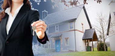 Bir tuşuna basılı tutarak karşı güzel ev mavi ve beyaz filtre ile kendine güvenen bir iş kadını, yakın çekim