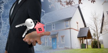 Midsection el Beyaz arka plan karşı güzel ev mavi ve beyaz filtre ile gösterilen işadamı