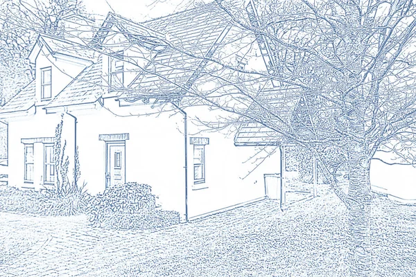 Desenho Casa Contra Quintal Fora Casa — Fotografia de Stock