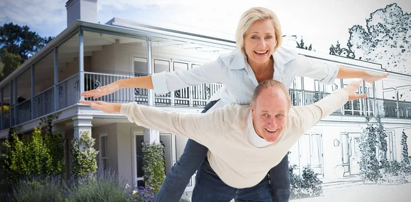 Happy Mature Couple Having Fun Home Sketch — Stock Photo, Image