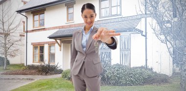 Mavi ve beyaz filtresiyle karşı güzel ev tutmak bir anahtar bir gülümseyen iş kadını portresi