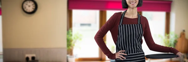 Smiling Waitress Holding Empty Tray White Background View Kitchen — Stock Photo, Image