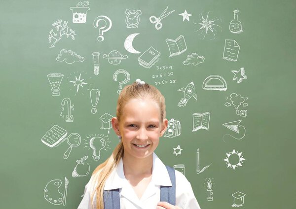Digital composite of School girl and Education drawing on blackboard for school