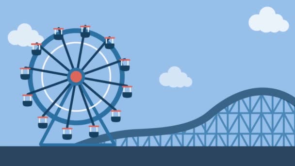 Çizimi Büyük Tekerlek Roller Coaster Binmek Eğlenceli Fuarı — Stok video