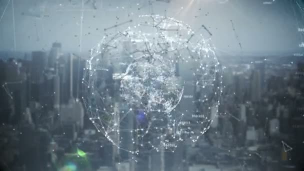 Code binaire avec cercle polygonal reliant les points et les lignes sur fond de paysage urbain 