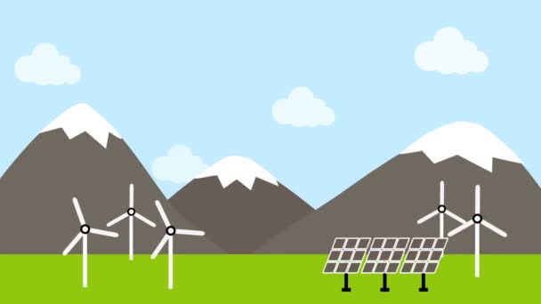 Illustration Éoliennes Panneaux Solaires Campagne — Video